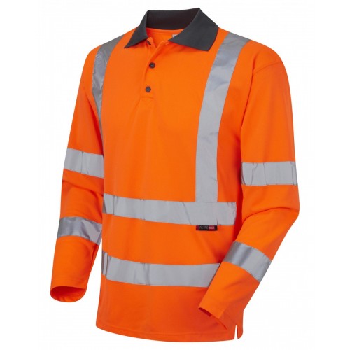 Leo Workwear Woolsery Class 3 Orange Hi Vis Long Sleeve Polo Shirt